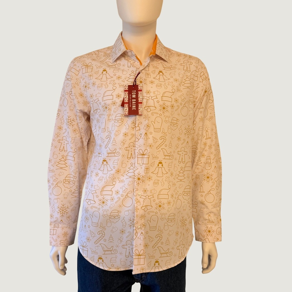 NWT Tom Baine Mens Holiday  Christmas Shirt Slim Fit White Gold L 16/16.5